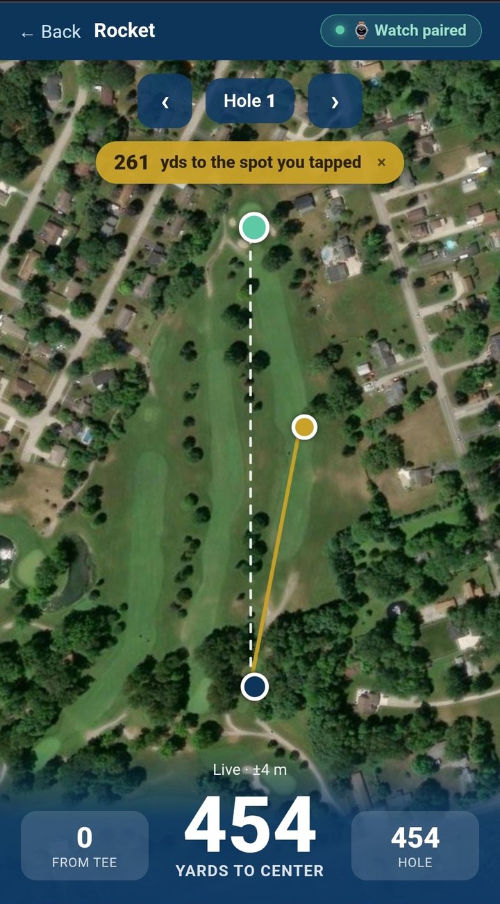 GPS rangefinder — hole-up satellite view with yards to the green and tap-to-measure