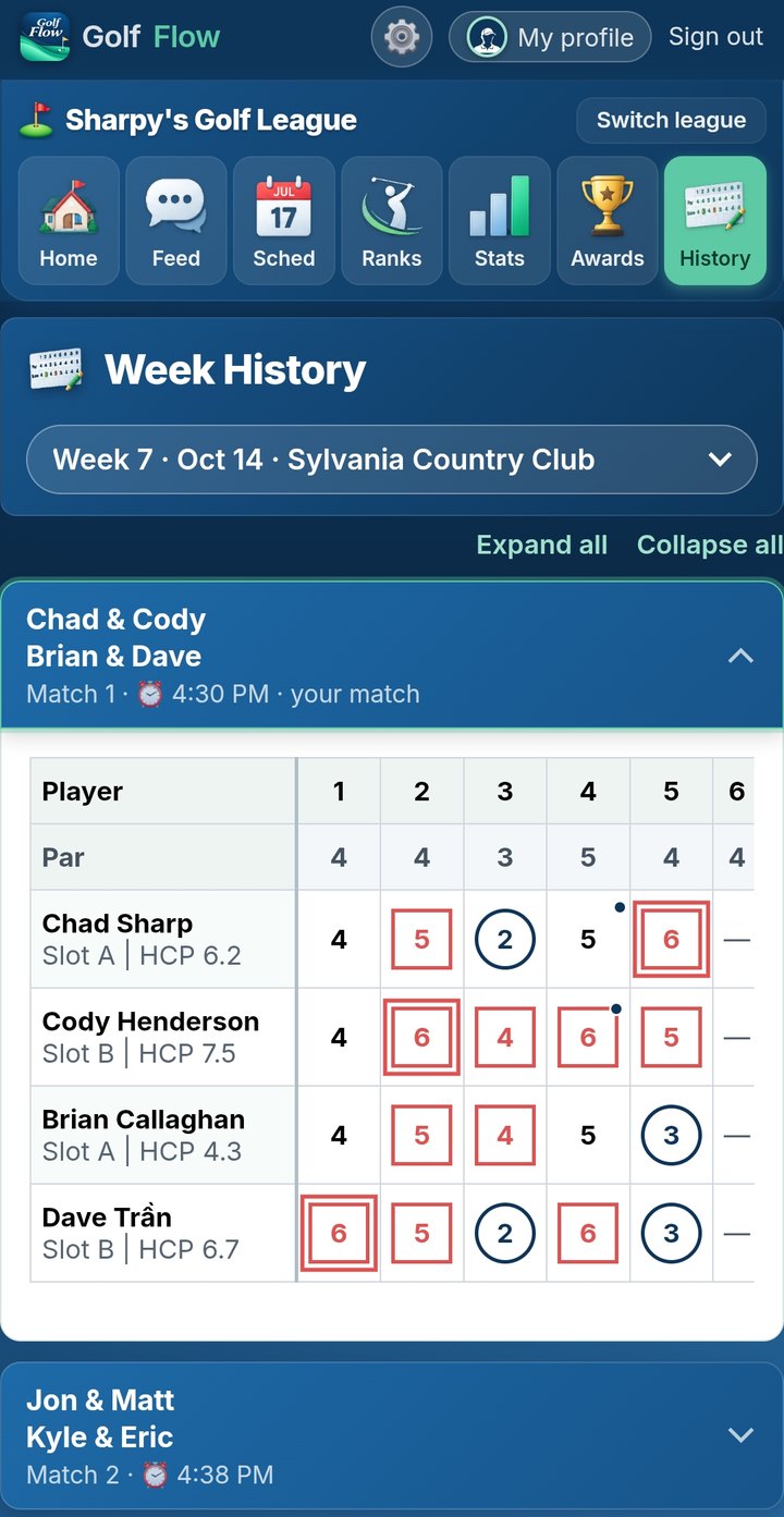 Hole-by-hole scorecard with birdies and bogeys marked